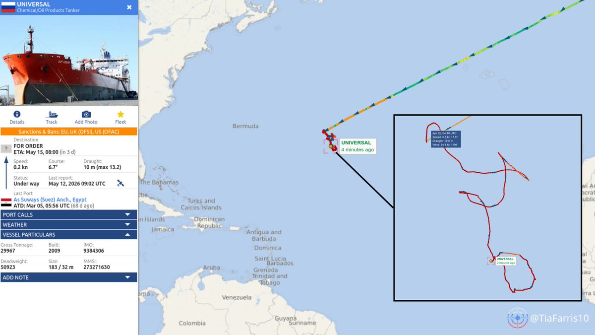 Sanctioned Tanker UNIVERSAL Drifts in Atlantic for Weeks