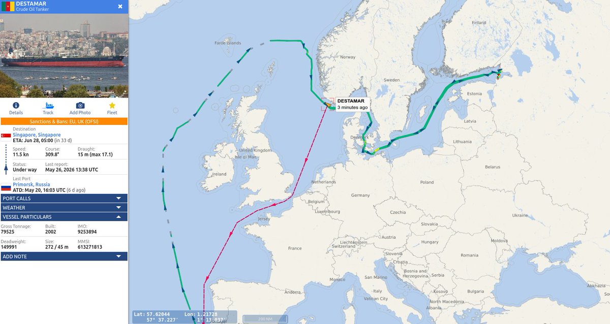Sanctioned Tanker DESTAMAR Repeats Northern UK Route