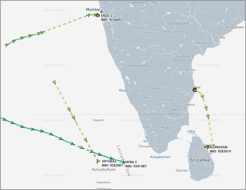 Four Sanctioned Iranian Ships Near India and Sri Lanka