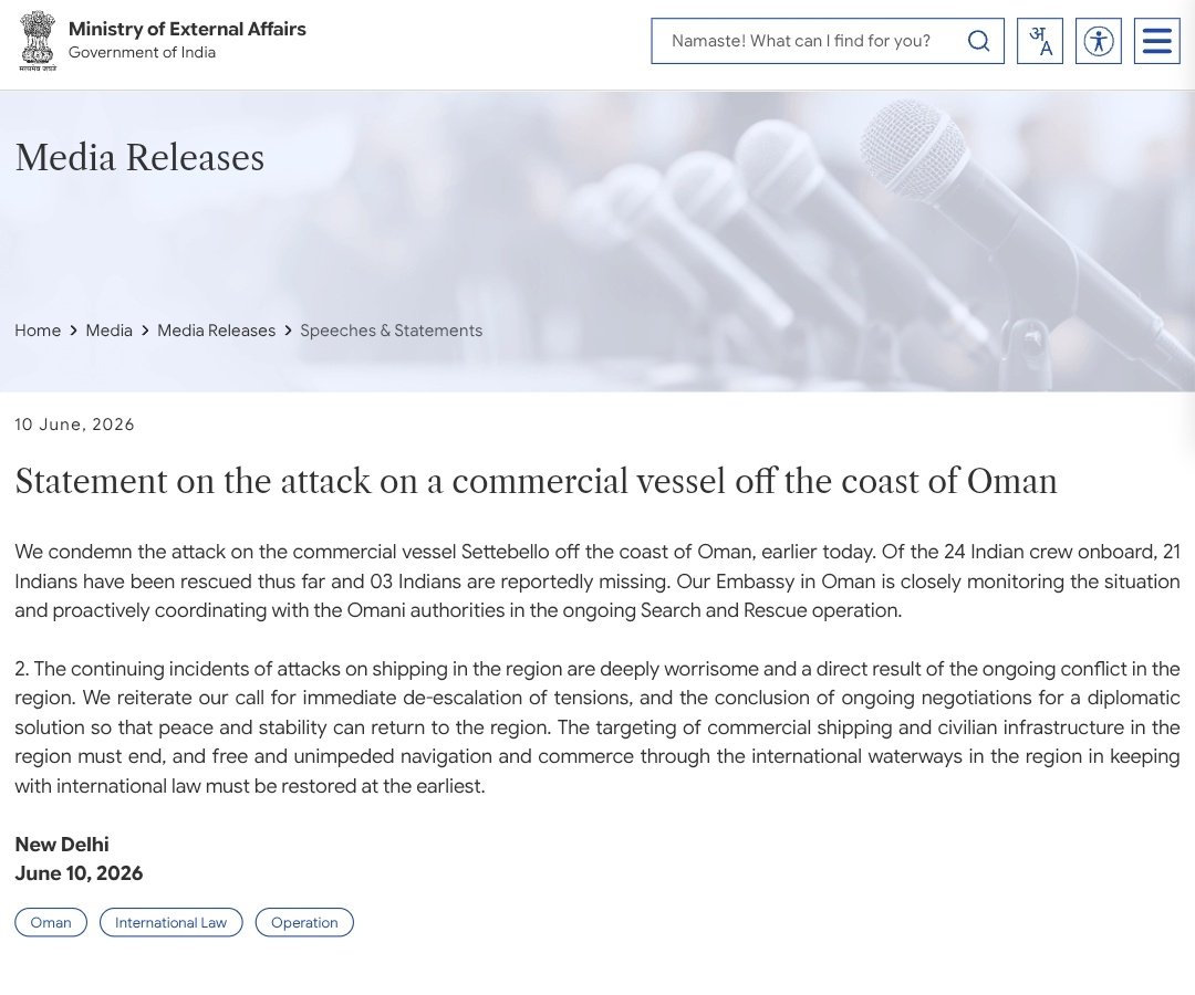 India Condemns Attack on MV Settebello off Oman